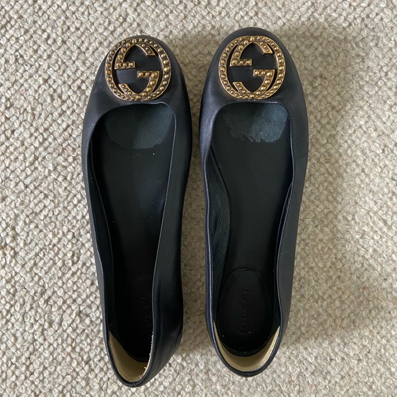 Gucci GG black leather flats 37.5 / 8.5 US - Picture 1 of 7
